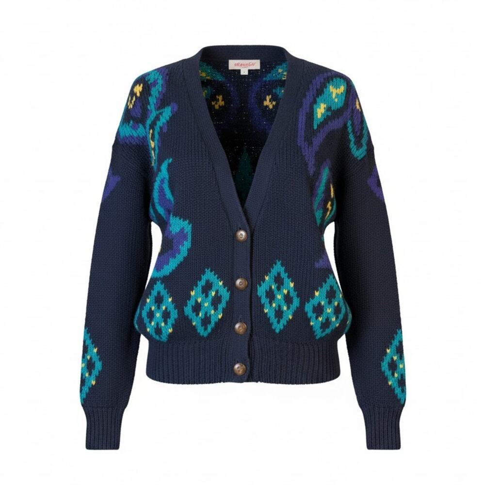 Vintage 80s 90s Gallagher Navy Paisley Knit Cardigan Boho Grandpa Core